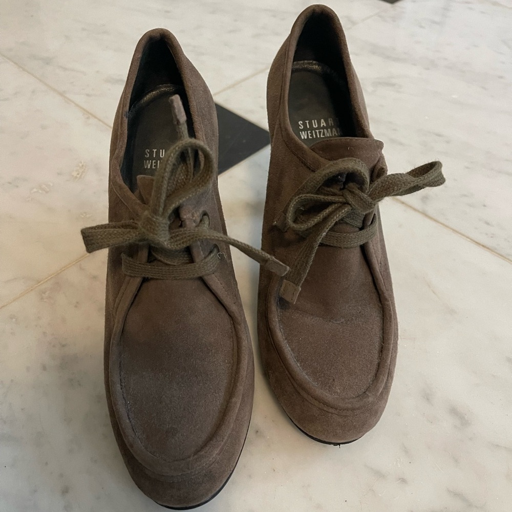 Stuart Weitzman Women's Suede Lace Up Loafer High Heels 3.75" Taupe Size 6.5M